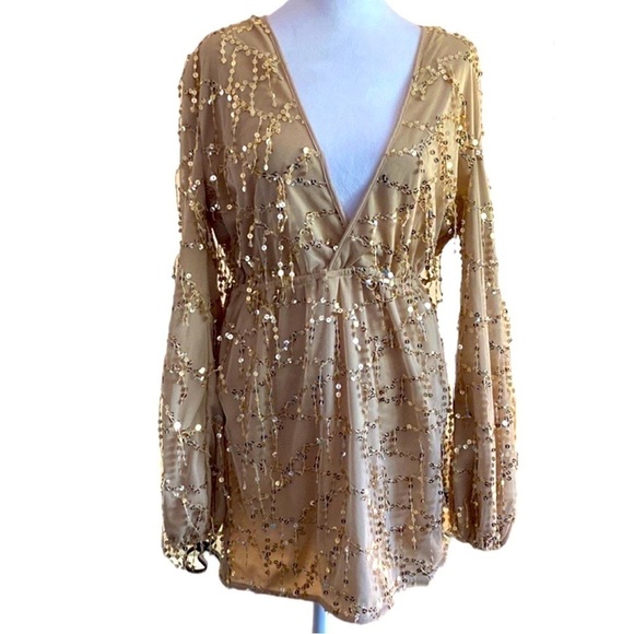 Pretty Little Thing Gold Party Sequin Bodycon Mini Dress Size 8 - Picture 1 of 9